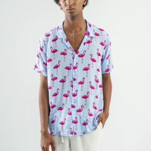 AA16 SHORT SHIRT BLUE PINK FLAMINGO